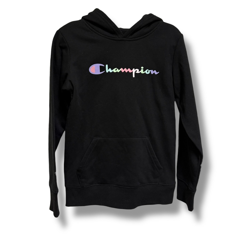 Champion Girls Black Pullover Hoodie Rainbow Pastel Script Logo Size 8 NWT
